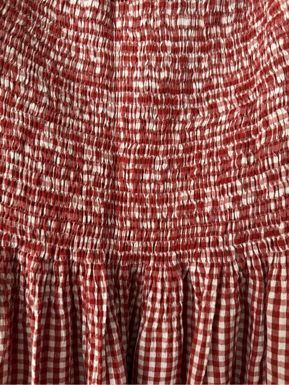 Red Gingham Seersucker Smocked Waist Mid-length Skirt. - Picture 2 of 2